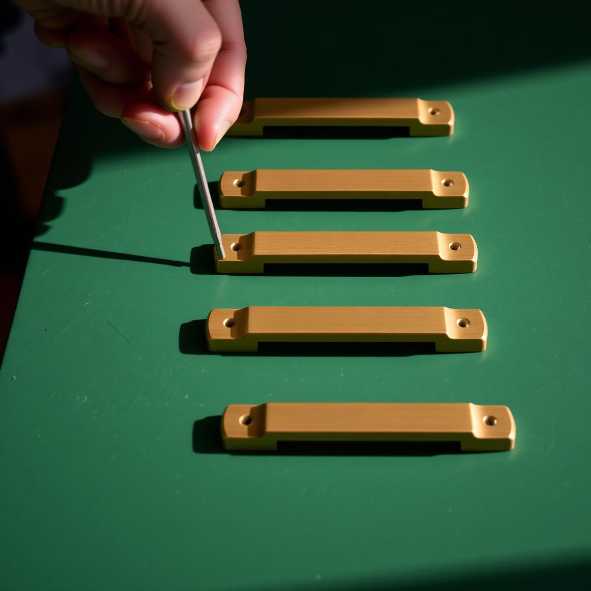 Brass cabinet pulls on a green surface
