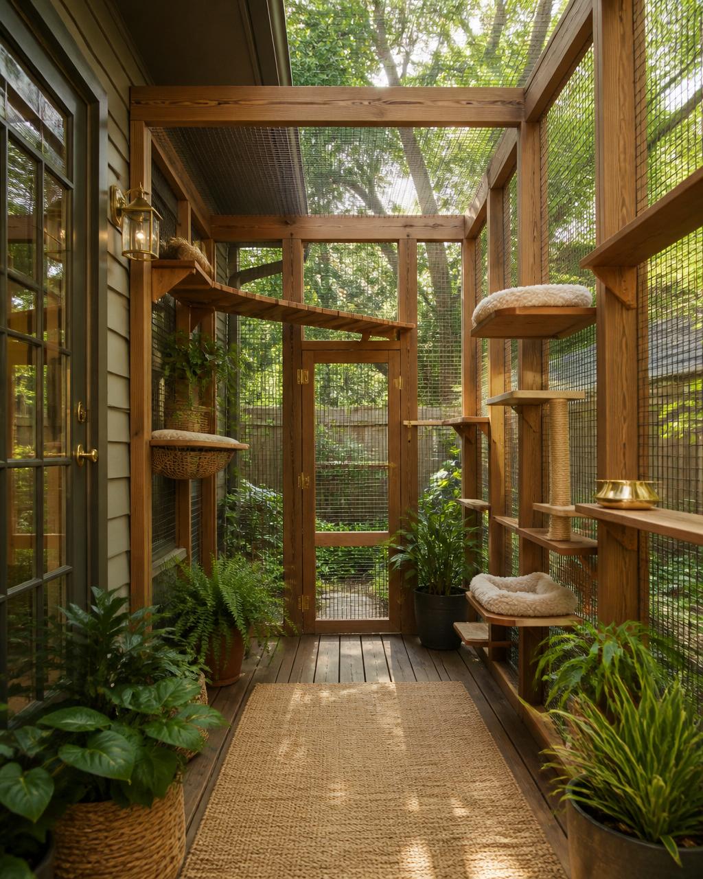 A custom-built timber catio with planting, climbing shelves and a view into the garden